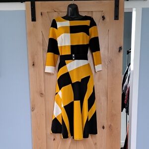Danny & Nicole Black, Yellow and White Midi Fit-and-Flare Dress